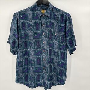 Creative Edge 100% Silk Shirt Button Tropical  Tribal Hawaiian Button Up Men's M